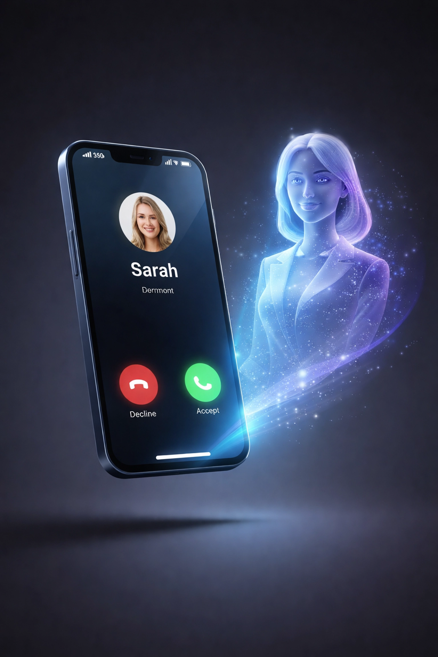 Smartphone mit eingehendem Anruf und KI-Assistentin: 24/7 Erreichbarkeit dank KI-Rezeptionistin