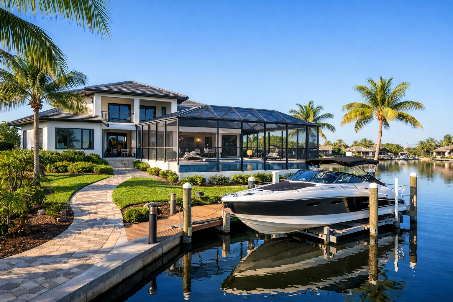 Modern SWFL waterfront home in a Cape Coral gated community with a private dock and pool area.