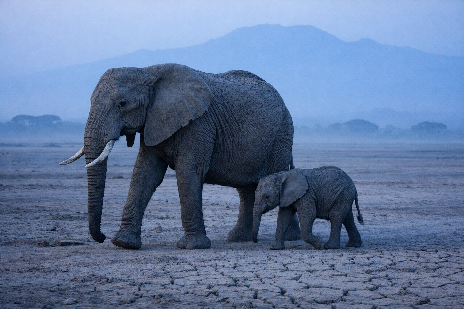 Real wildlife photography of a mother African elephant and her calf walking on a dusty plain.