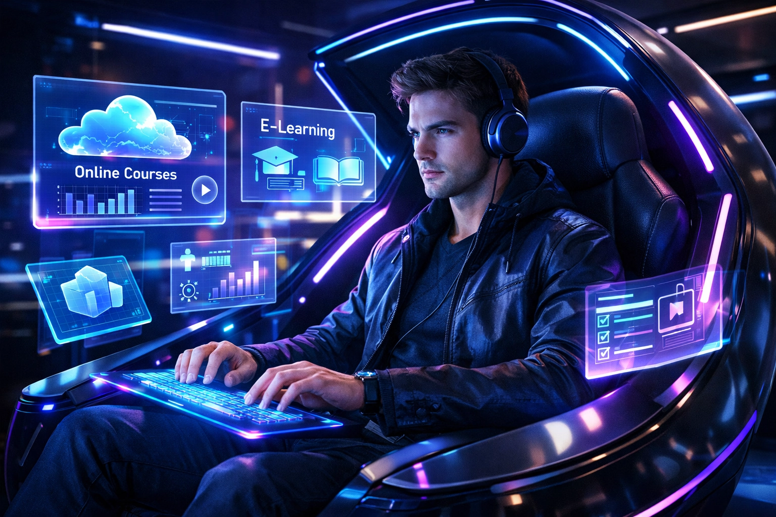 A young professional engages with digital cloud-based learning labs inside a high-tech EsportsPod.