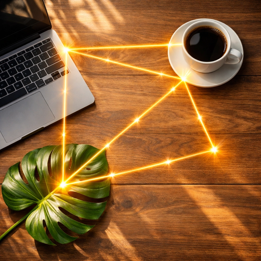 Workspace objects connected by light beams illustrating entity mapping and relationship analysis for SEO.