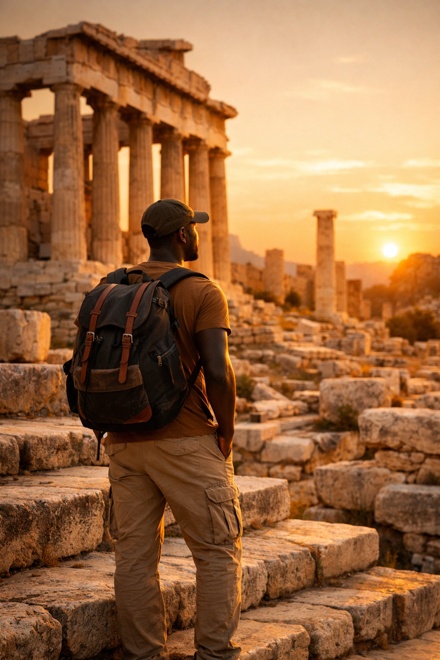 Solo traveler exploring ancient Greek archaeological ruins at sunset