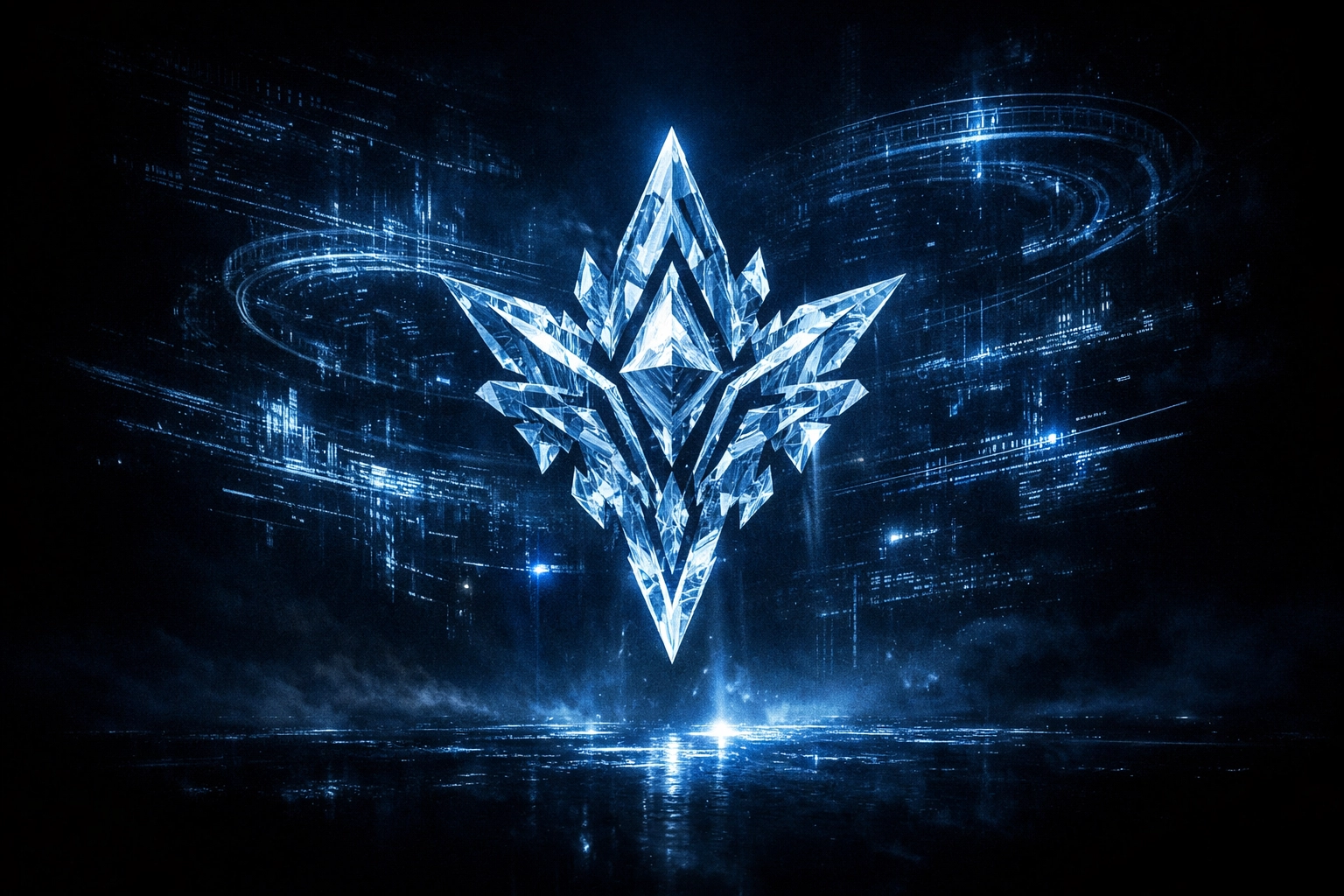 Digital emblem surrounded by holographic blueprints illustrating a complete brand identity beyond a simple logo.