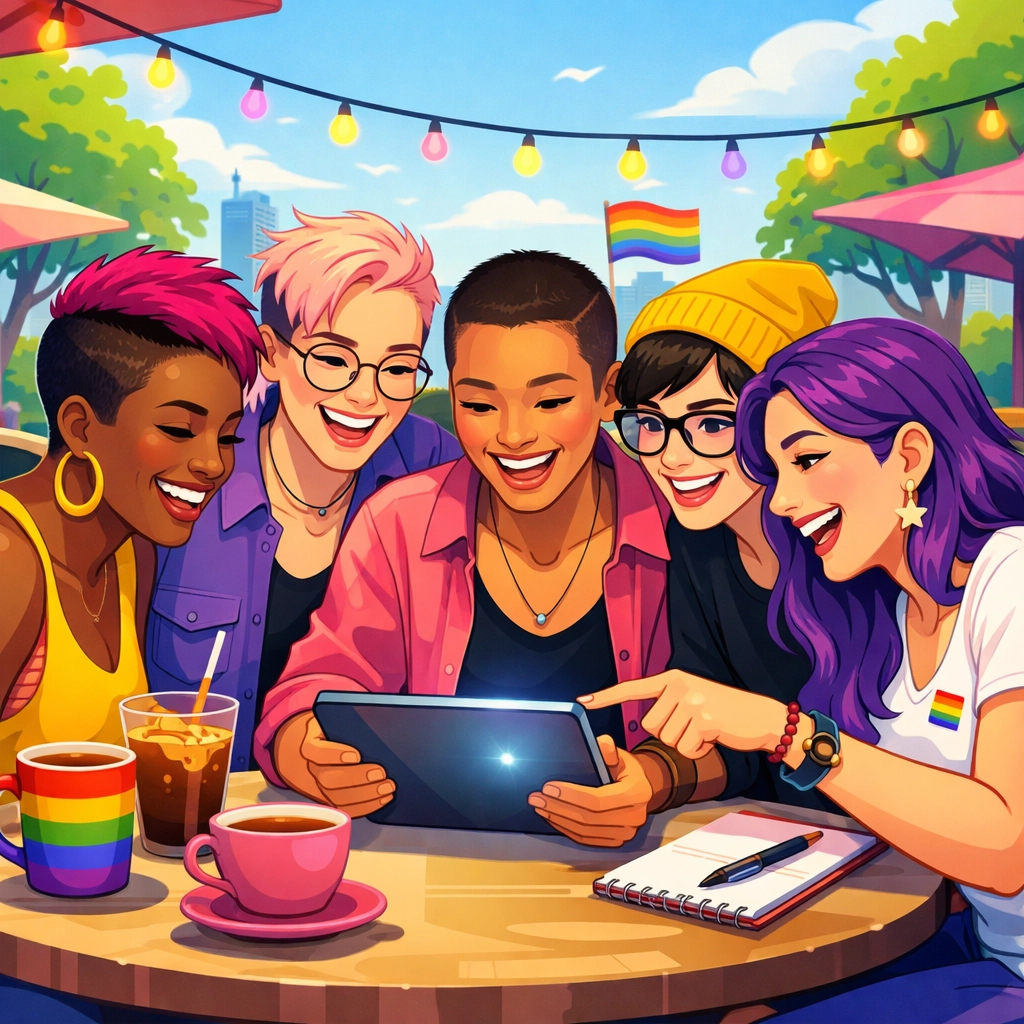 Diverse queer writers connecting and sharing their latest gay novels on a tablet at an outdoor cafe.