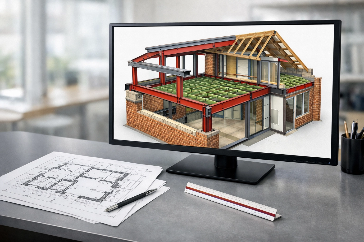 Architectural workstation displaying a detailed 3D structural model for a residential extension project.