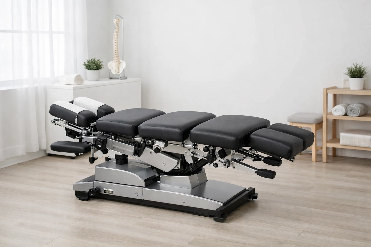 Modern chiropractic adjustment table in a bright, minimalist clinic treatment room.