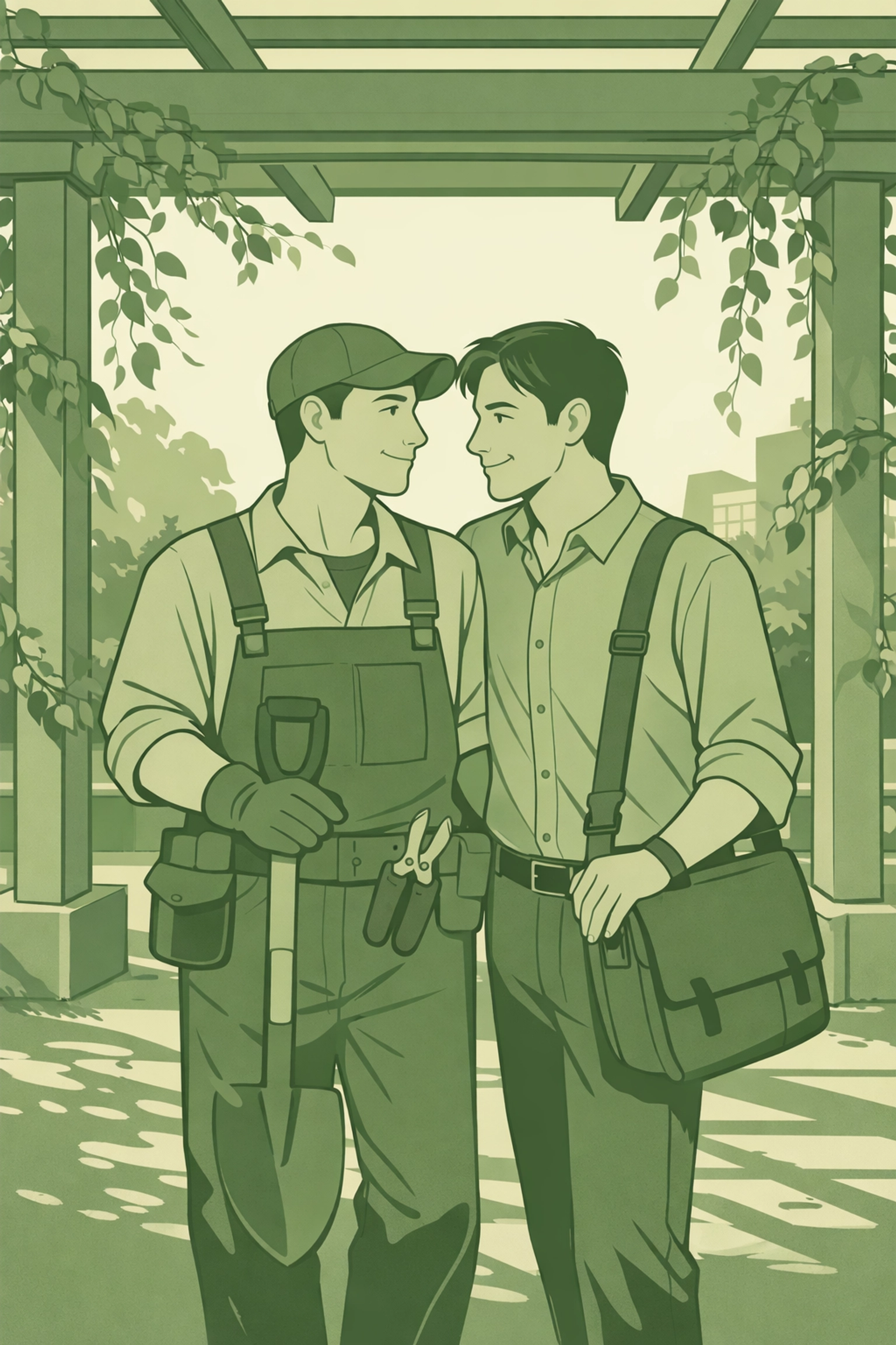 Park gardener and teacher standing close under pergola - authentic gay public service romance scene