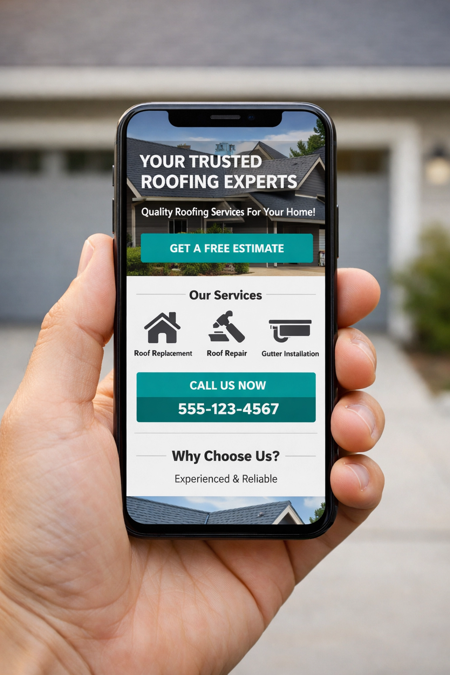 Mobile-friendly roofing website displayed on smartphone in residential setting