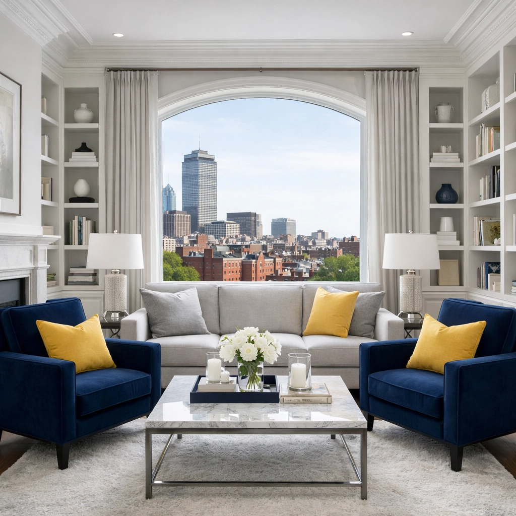 Immaculate Boston apartment living room prepared by professional cleaners Boston MA for new tenants.