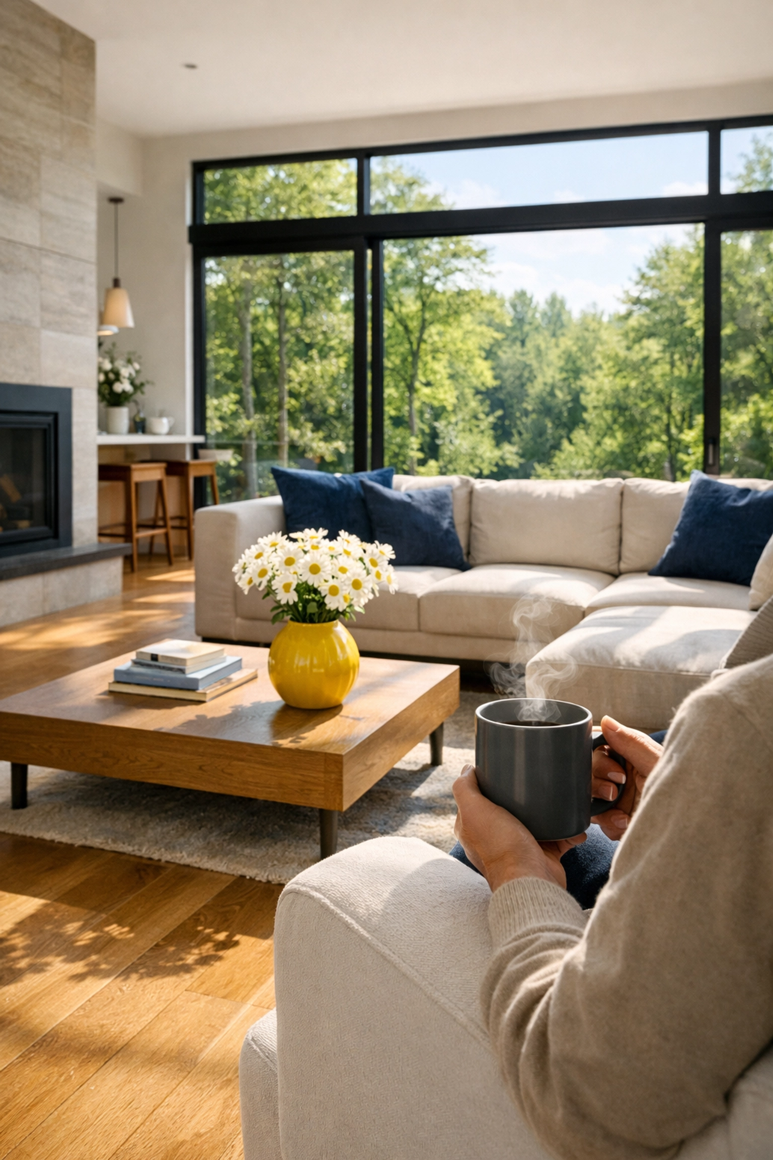 Person relaxing with coffee in a clean, sunlit Ashby MA living room after professional house cleaning.
