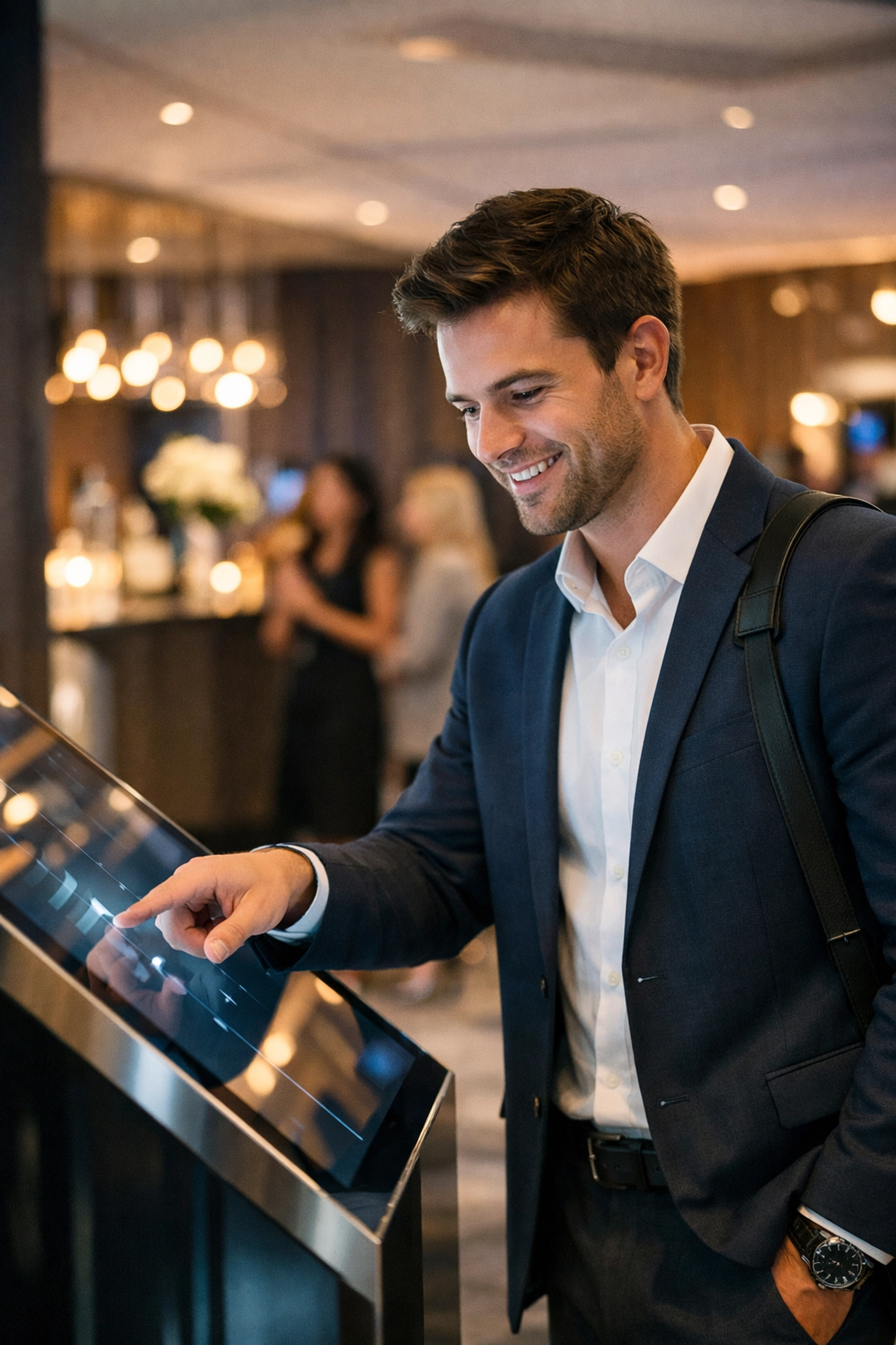 Event attendee interacting with an interactive digital installation to boost brand engagement.