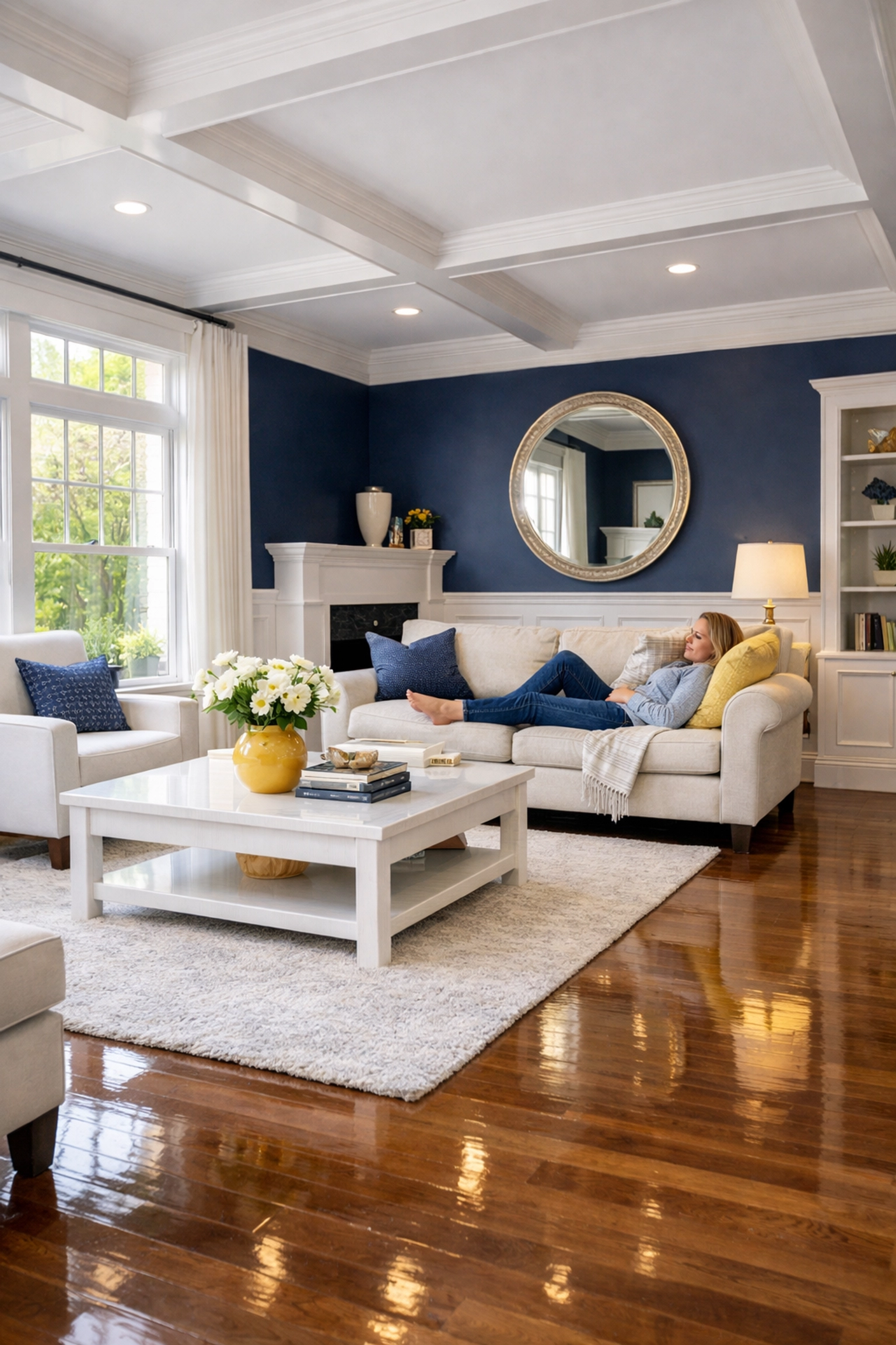 Clean Westborough living room with polished floors showing the peace of mind from professional house cleaning services.