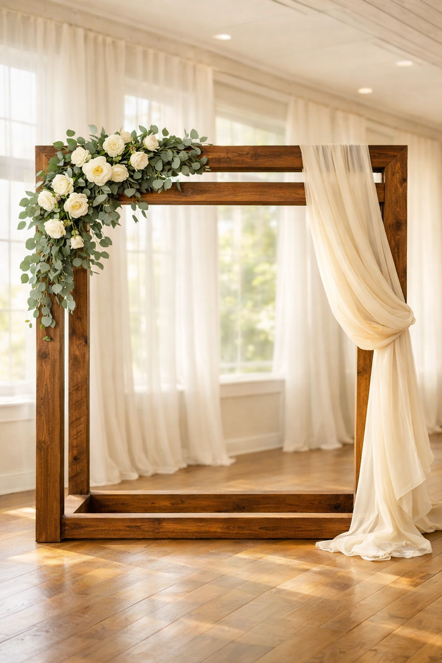 Elegant wooden wedding arch rental with floral accents in a Fort Wayne venue, serving Northeast Indiana couples.