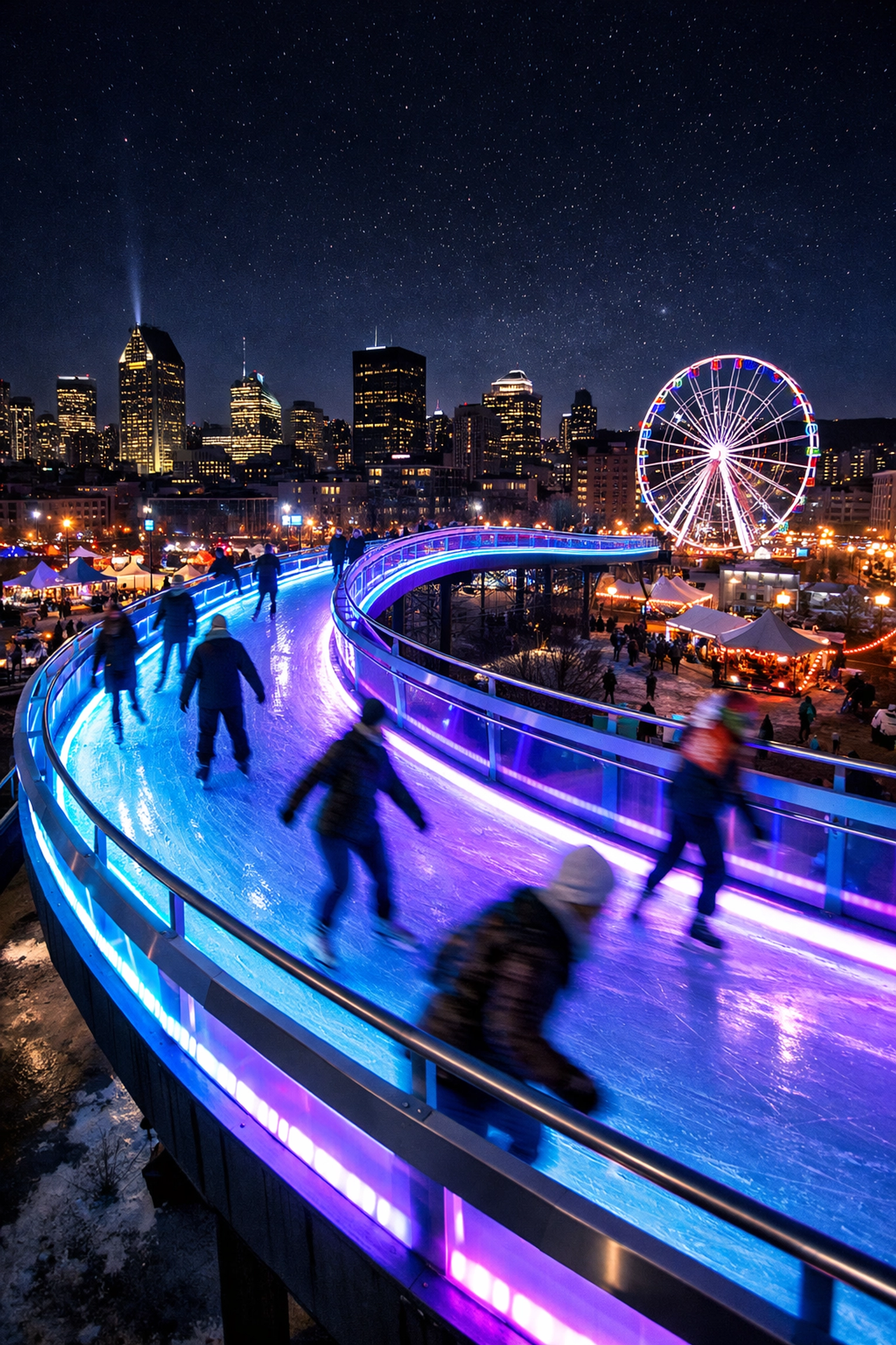 Night view of the illuminated ice-skating loop at Montreal en Lumière in Place des Festivals.
