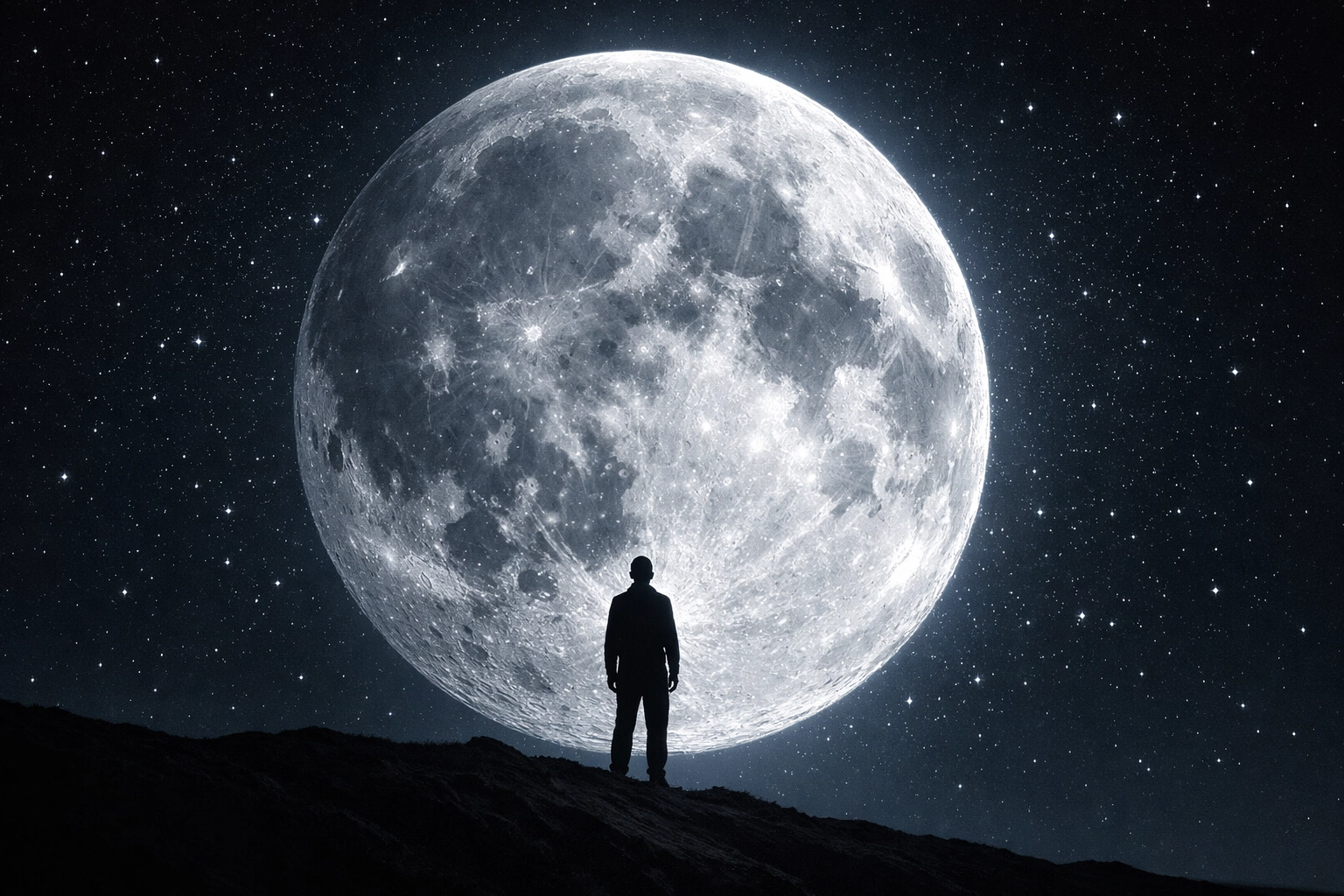 Silhouette of a person gazing at a detailed, glowing moon in a vast, starry sky of the cosmos.