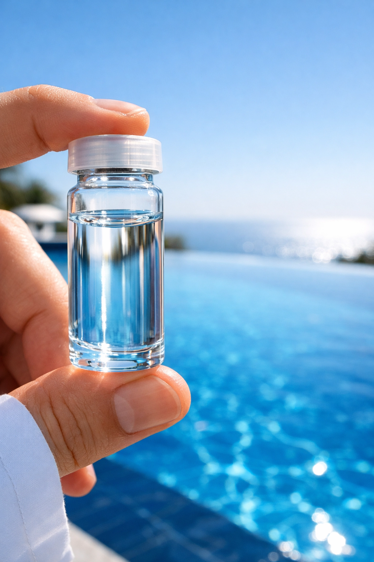 Professional water testing at a luxury pool, showcasing premium service standards that increase pool route valuation.