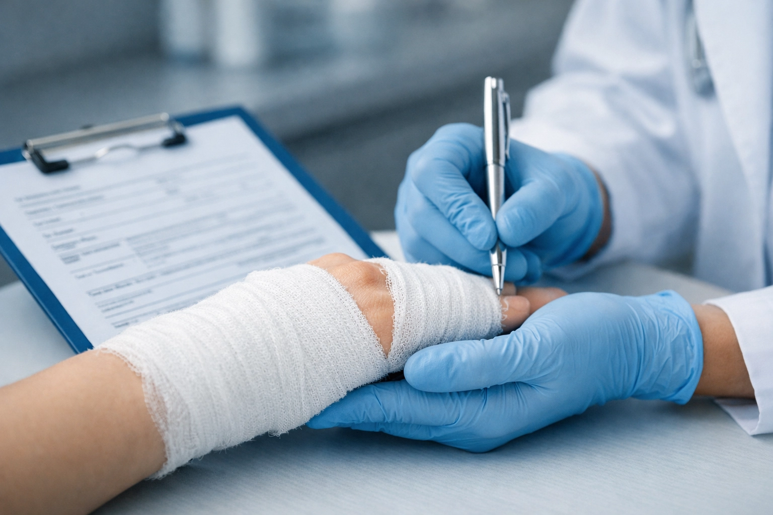 Medical professional treating and documenting dog bite injury for legal claim