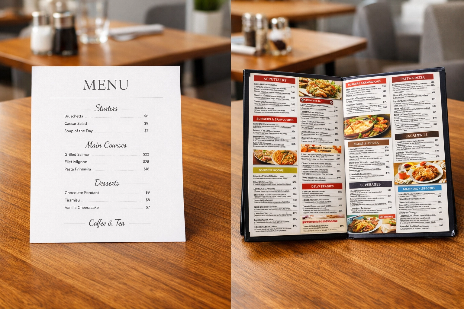Side-by-side comparison of simple one-page menu versus cluttered multi-page restaurant menu