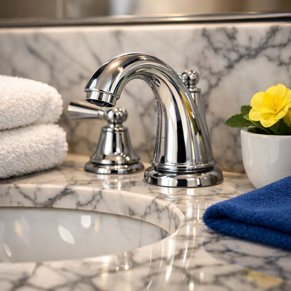 Detail-oriented deep cleaning of a marble bathroom vanity in a high-end Cambridge home by a maid service Cambridge.