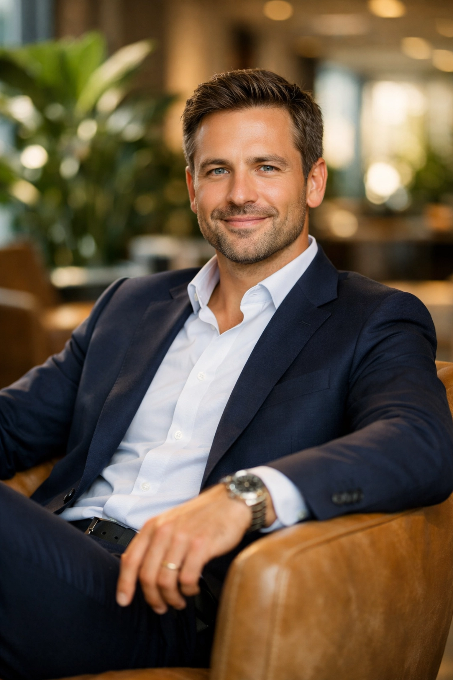 A relaxed executive follows professional corporate headshot tips by staying calm during his photoshoot.