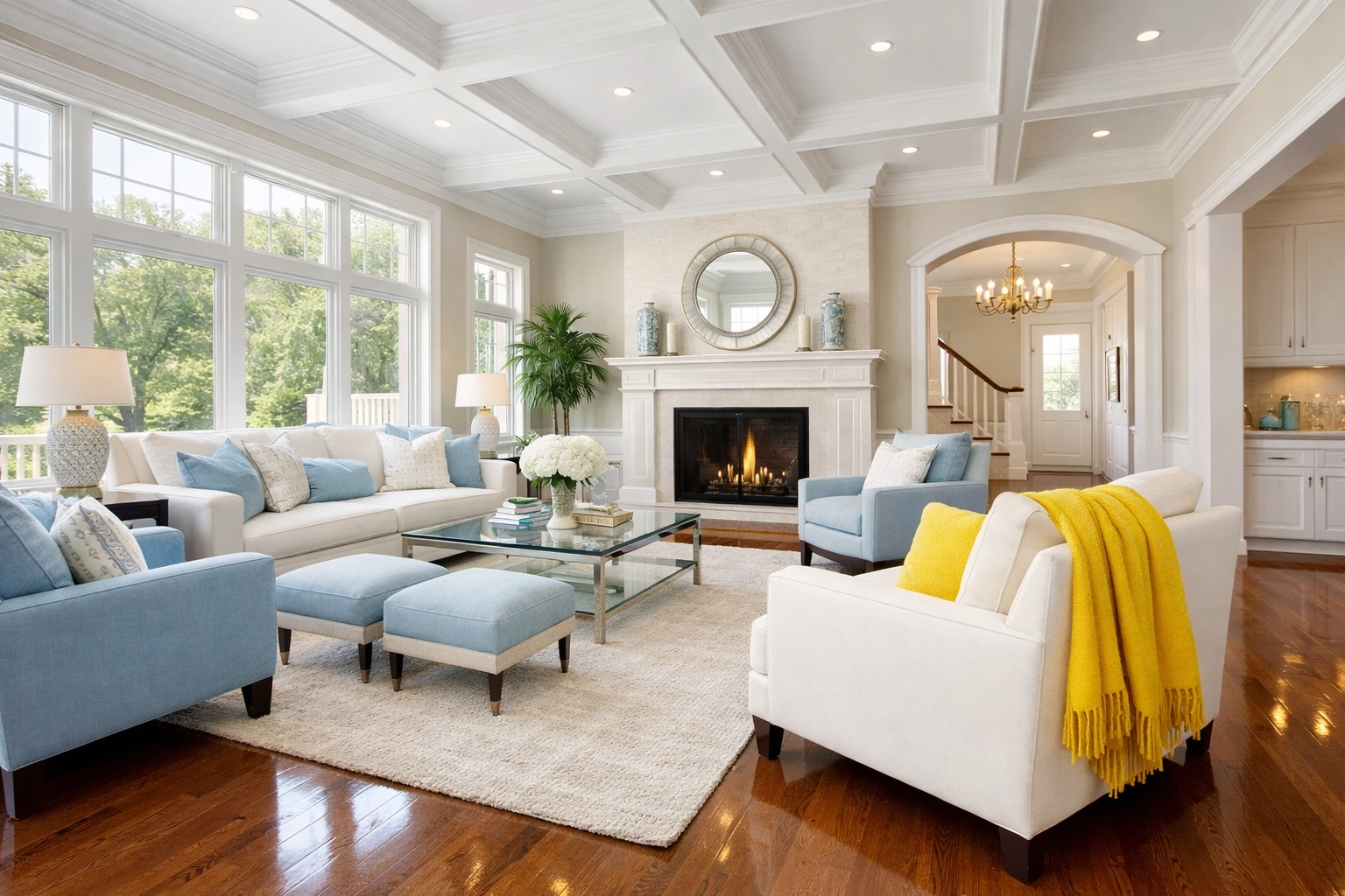Dust-free living room with polished floors from expert professional house cleaning in Westford, MA.