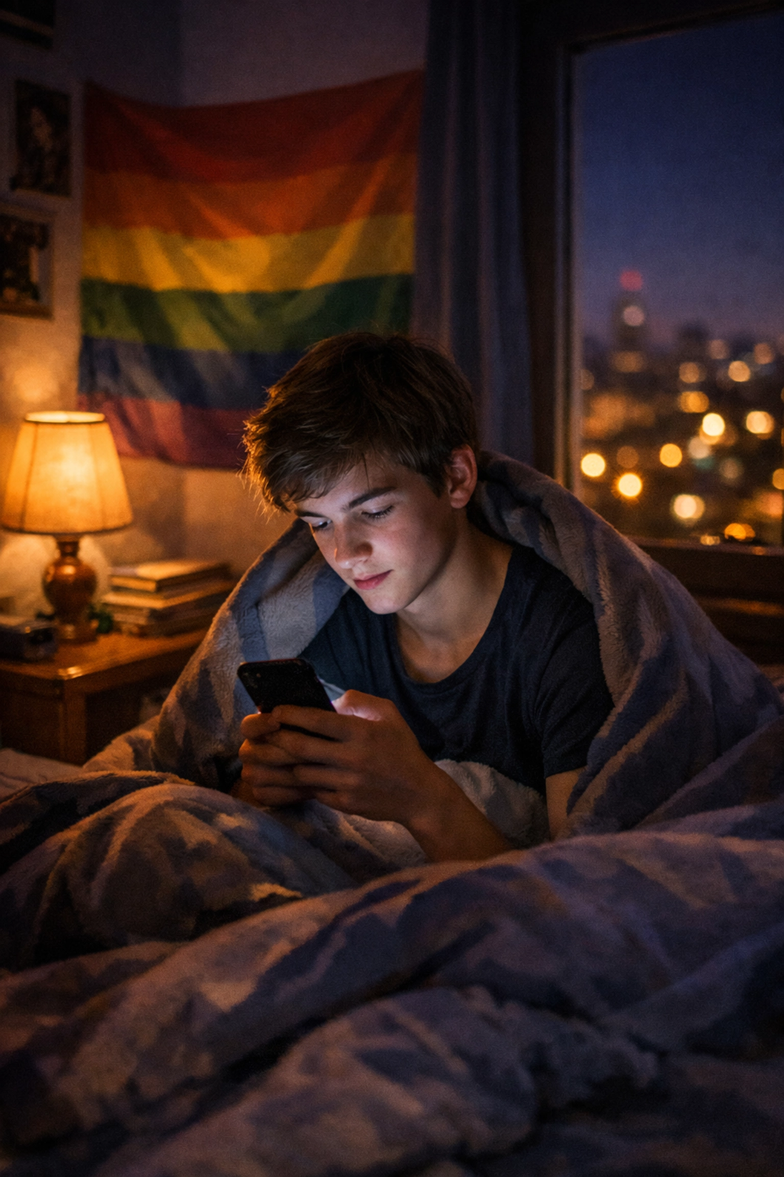 Gay teenager reading LGBTQ+ content on phone in Berlin bedroom with pride flag