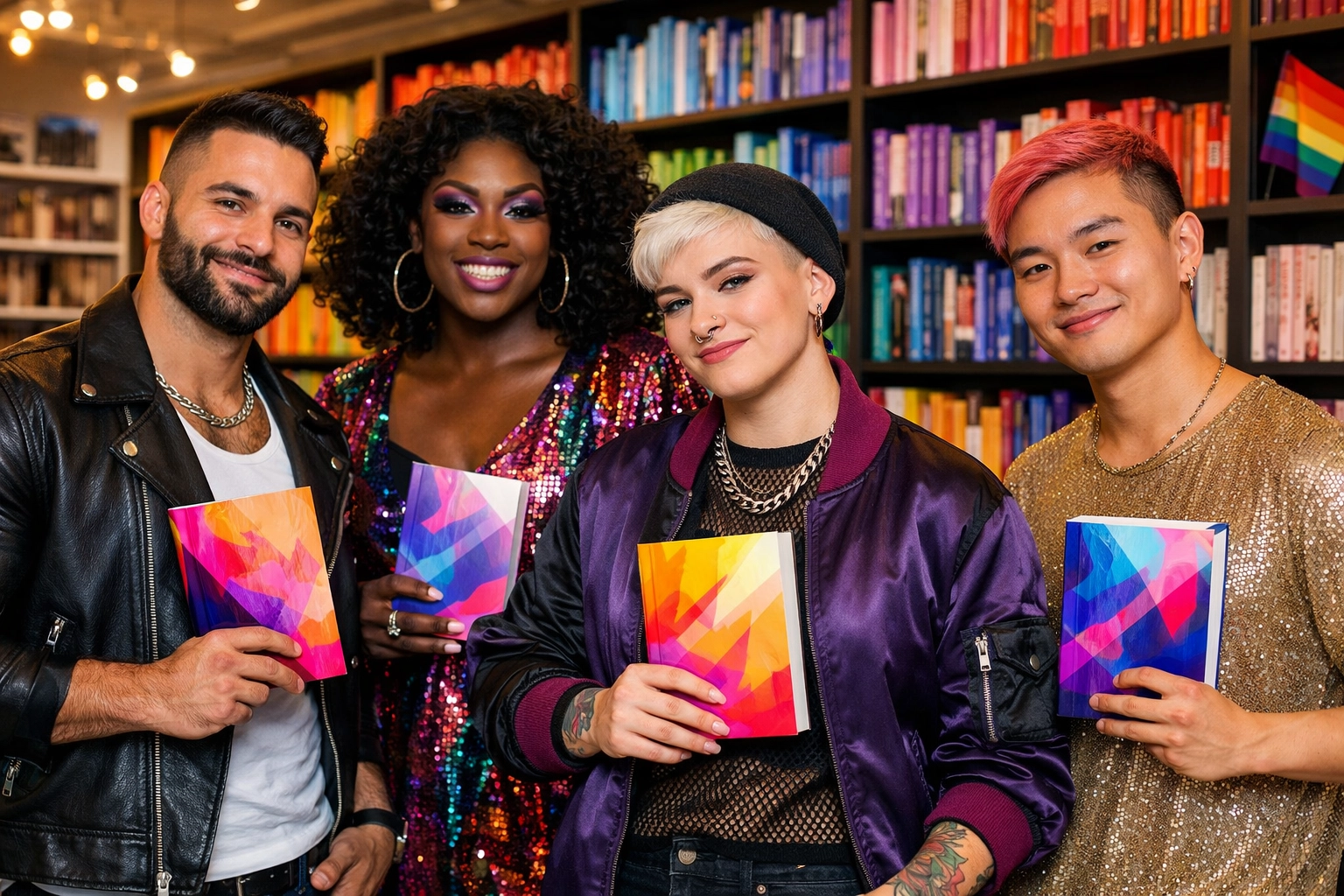 Diverse queer authors in a bookstore representing the wide range of LGBTQ+ fiction and gay romance books in 2026.