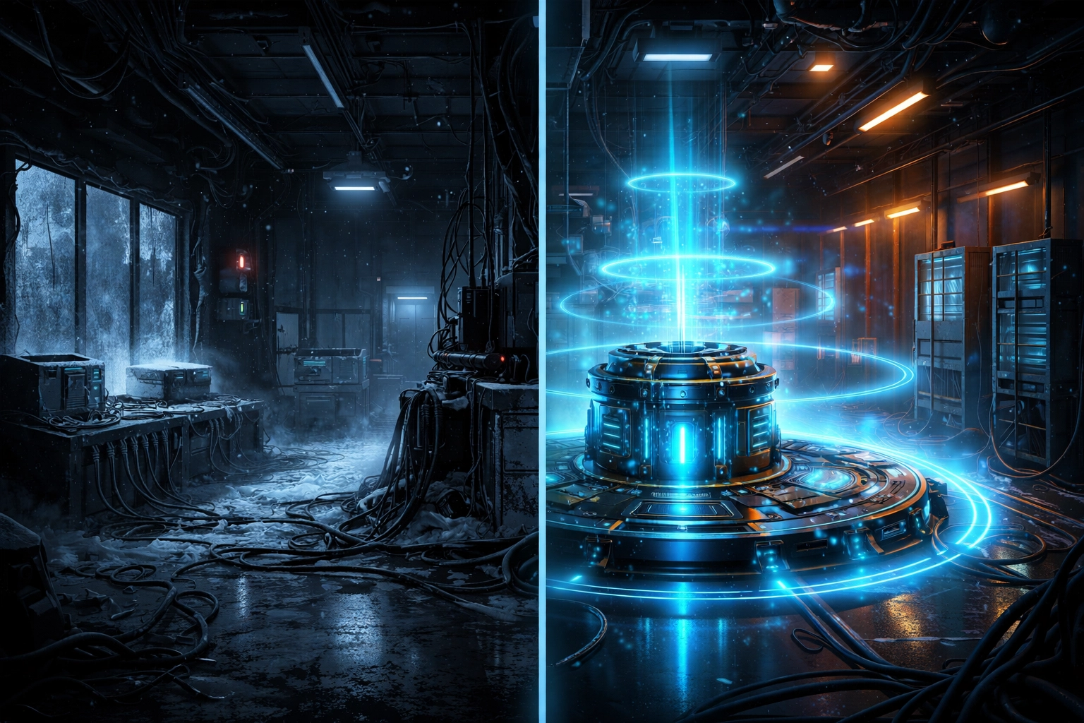 Industrial facility comparison showing grid failure on one side and bright off-grid power on the other, highlighting reliable backup energy solutions.