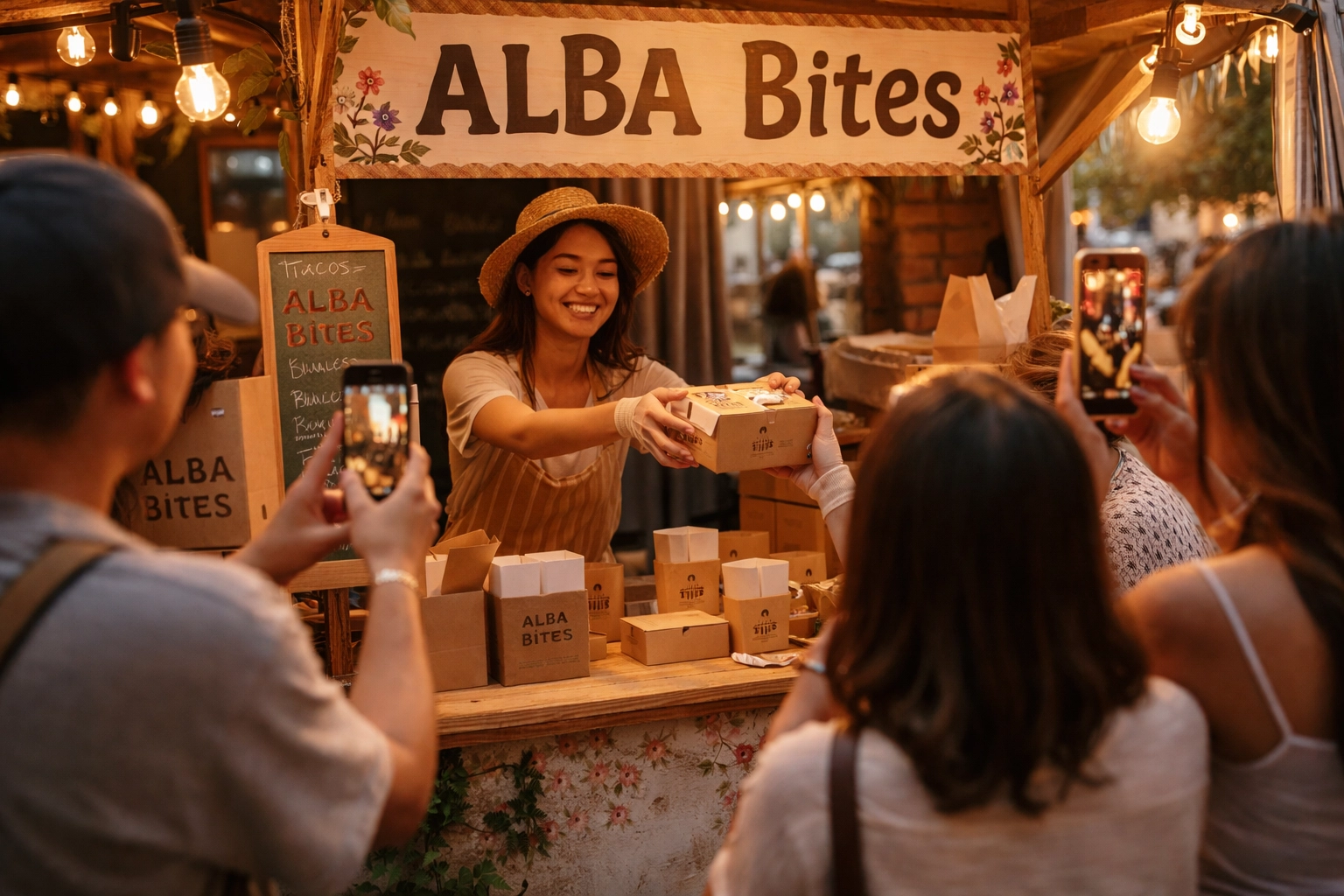 Customers photographing food at popup booth, building brand awareness before brick-and-mortar opening