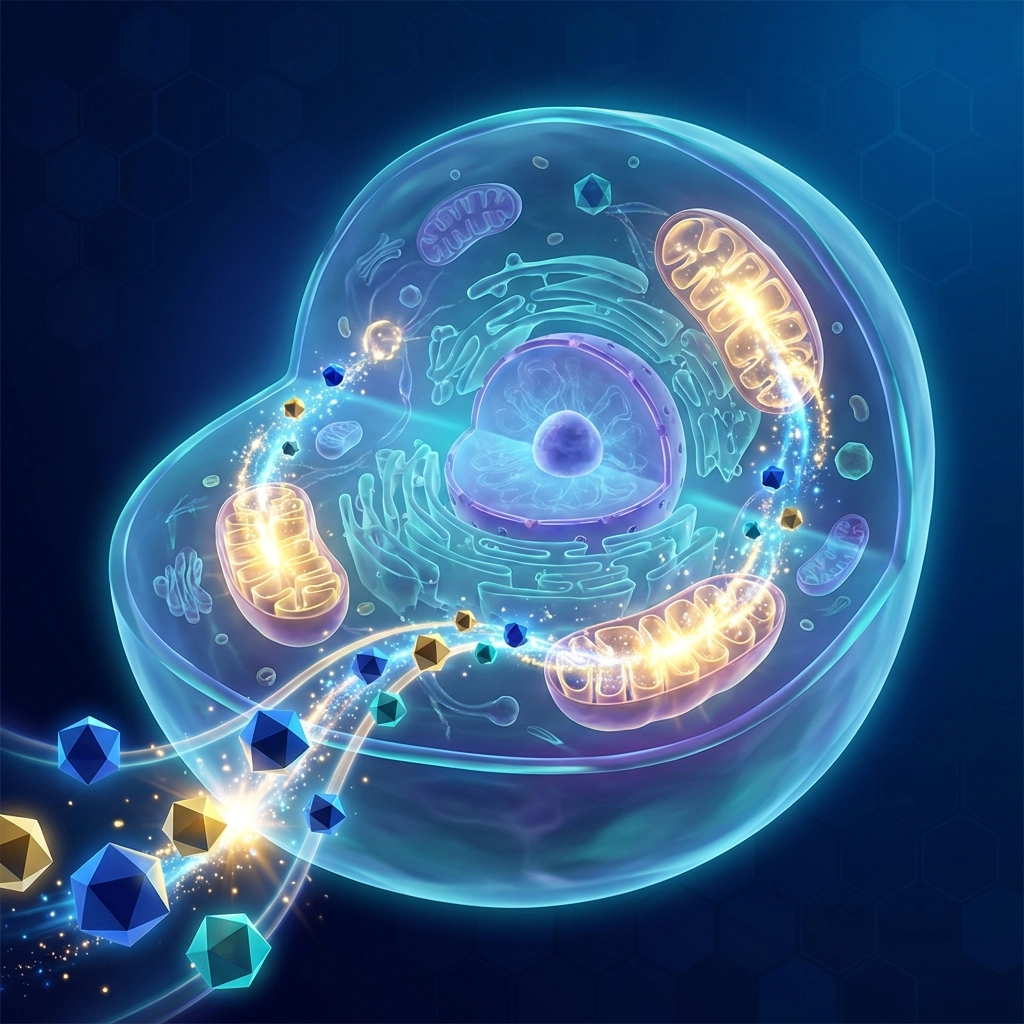 A glowing human cell powered by minerals symbolizing natural energy production and mitochondrial health