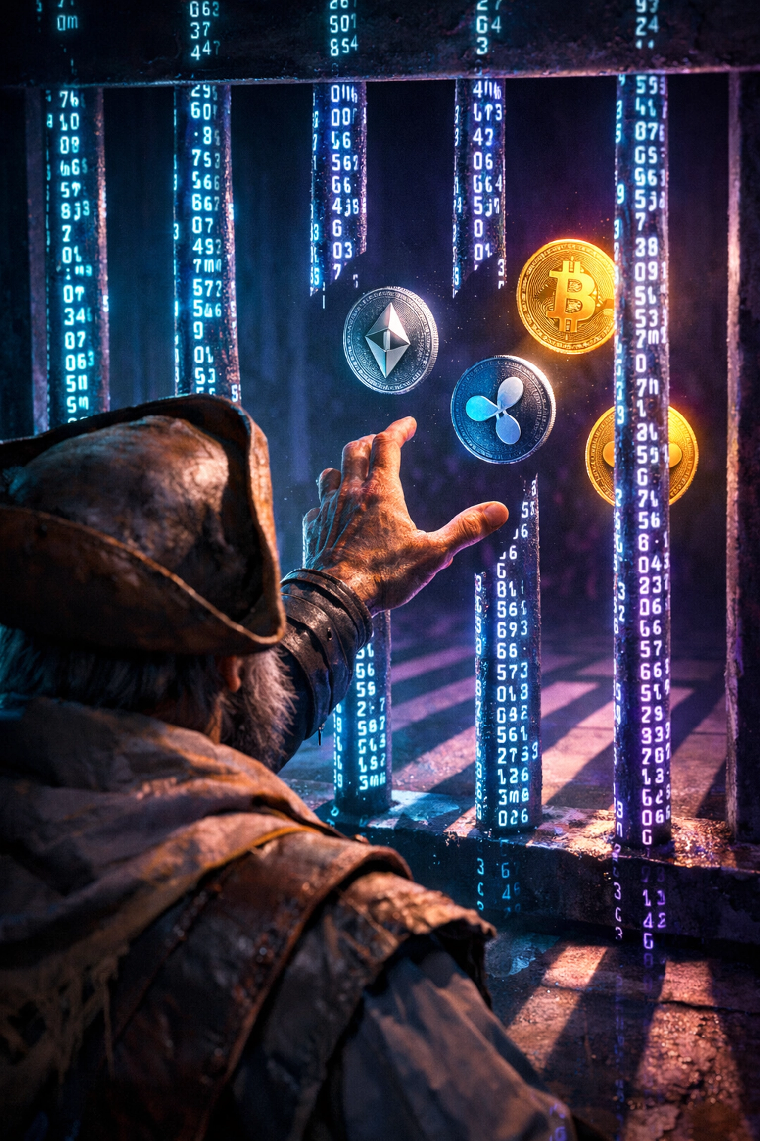 Merchant hand reaching for cryptocurrency through restrictive payment platform barriers