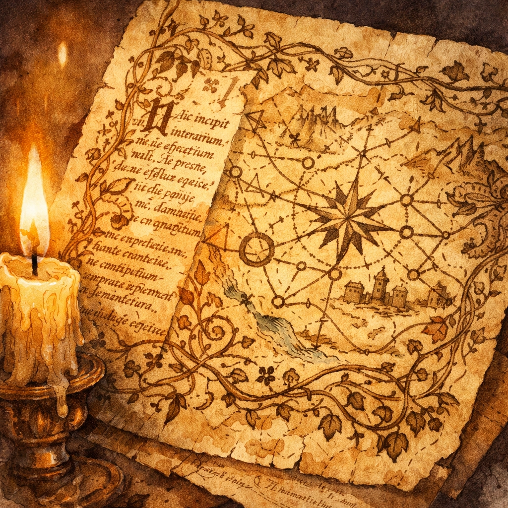 Hidden map revealed in medieval manuscript margins under candlelight