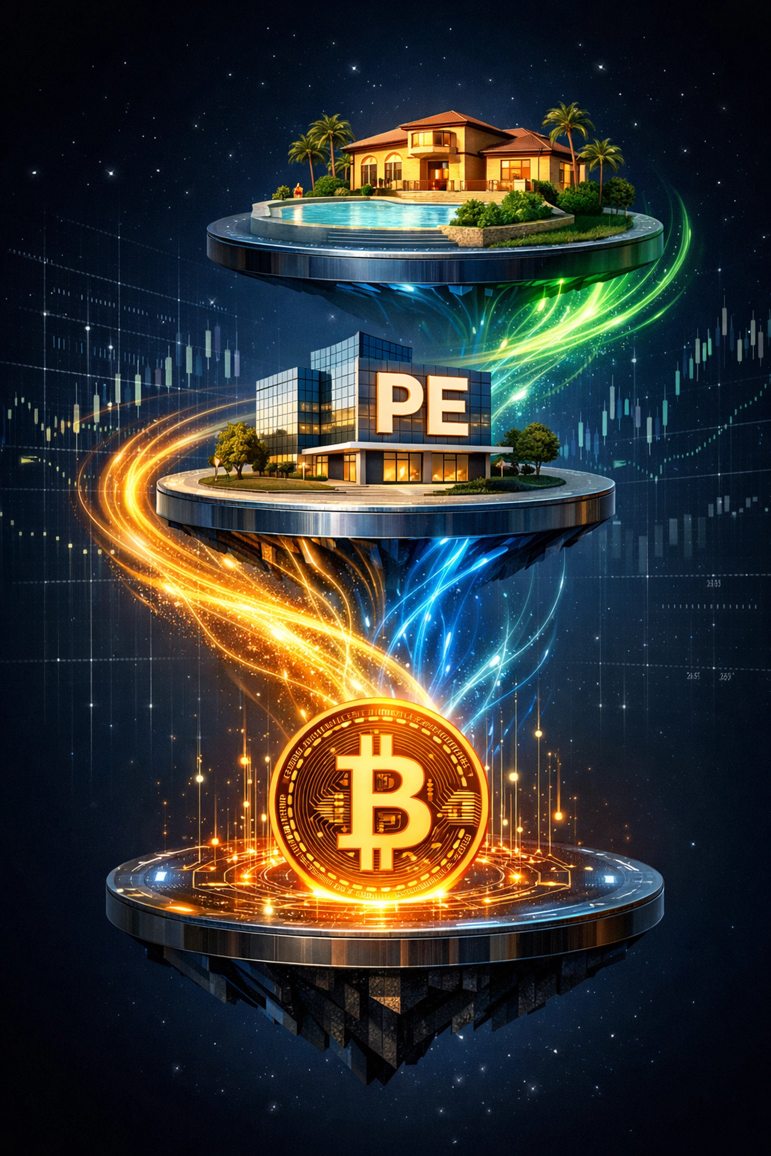 Bitcoin, private equity, and real estate asset classes working together in institutional portfolio