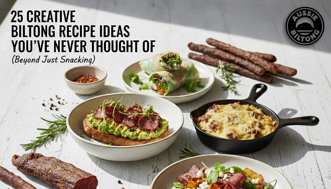 Aussie Biltong cover image, top right logo visible, biltong recipes inspiration, healthy meat snacks and high protein snacks