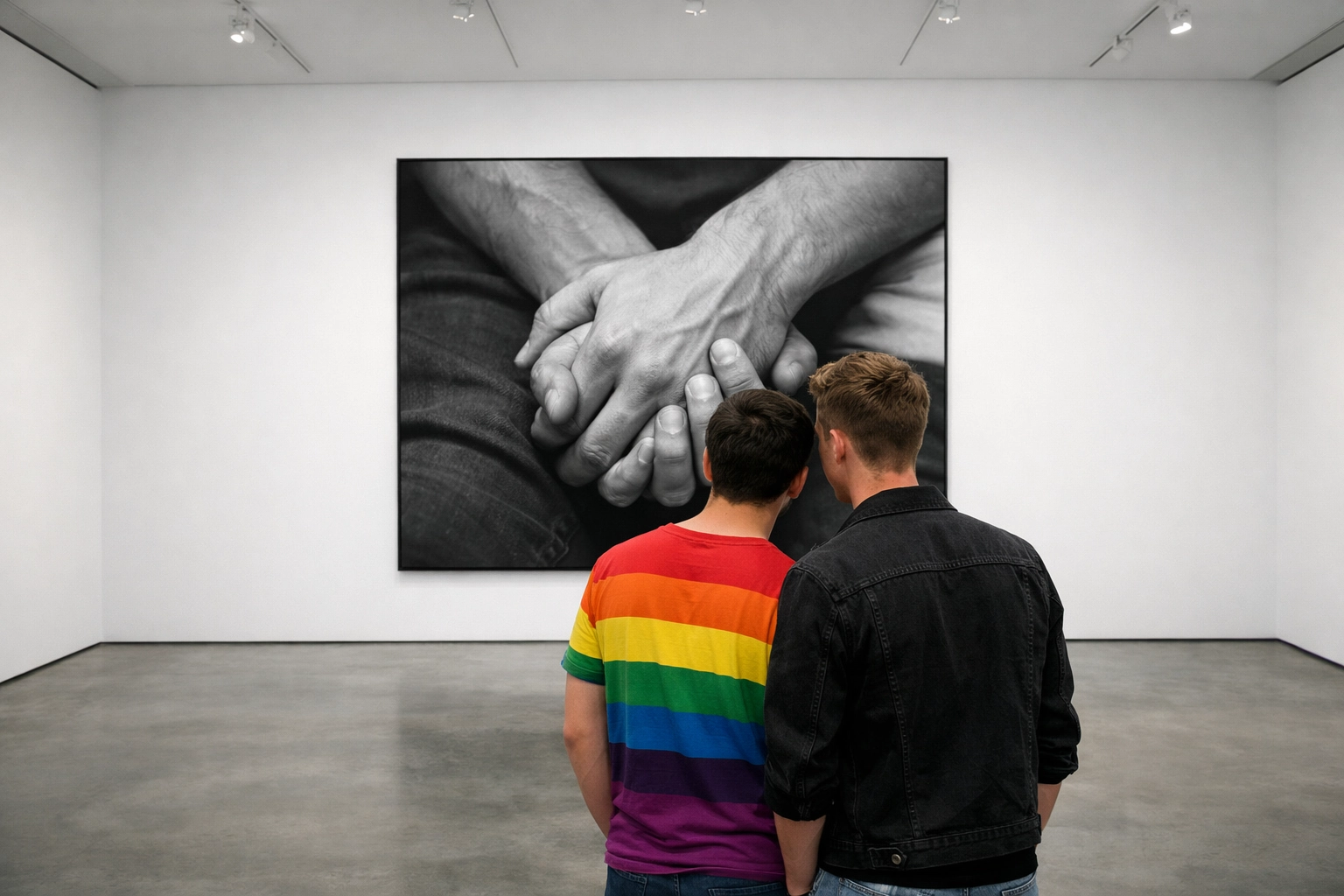 Minimalist museum gallery displaying gay art and photography of male intimacy and connection.