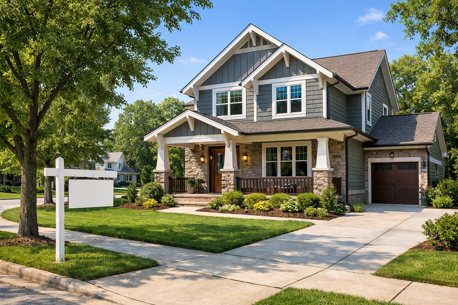 A young couple looking at a modern craftsman home for sale in a quiet Triad NC neighborhood.