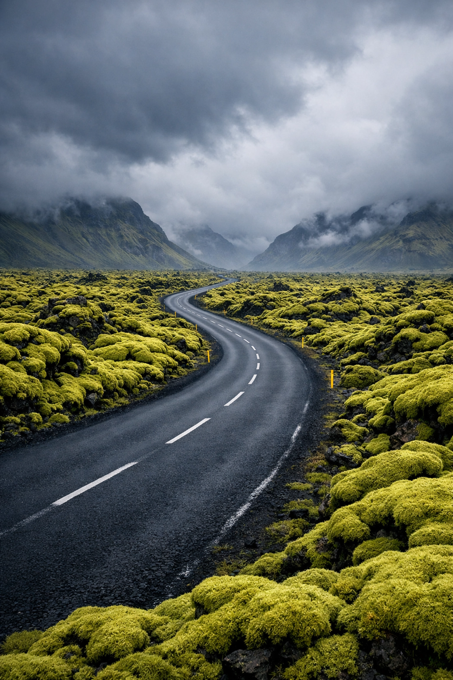The Ultimate Guide to Best Photography Locations in Iceland: Everything You Need to Succeed 5 A winding road through green moss-covered lava fields, showcasing the unique Iceland travel landscape.