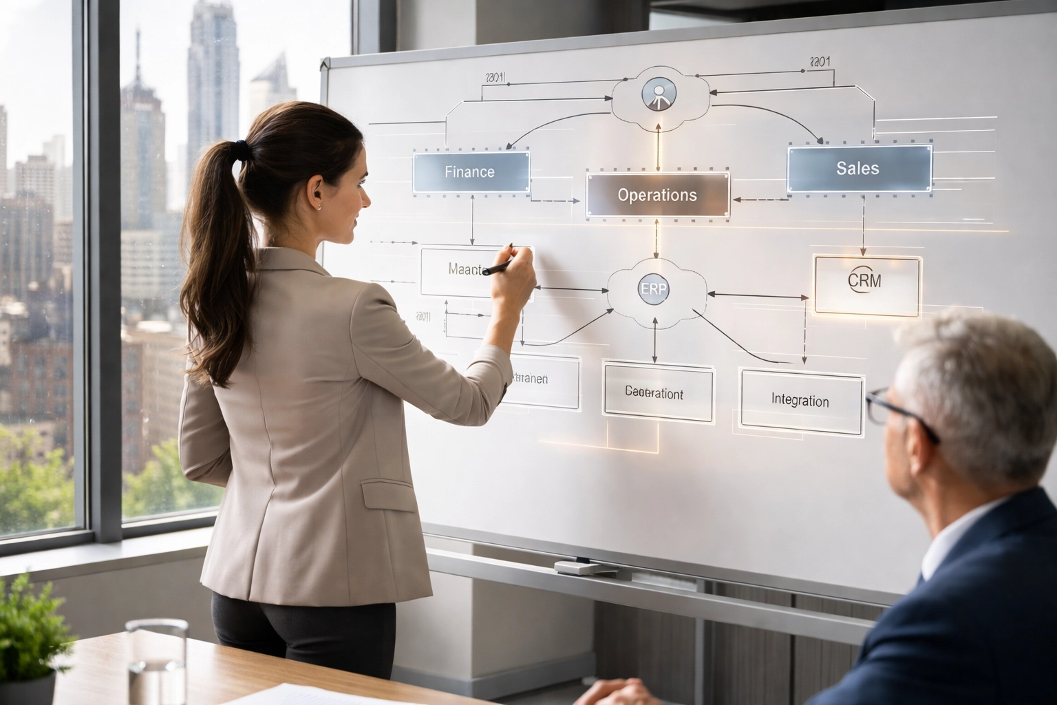 Woman mapping workflow on whiteboard in New York office, illustrating leadership development planning