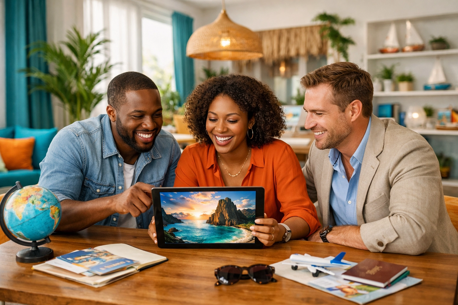 Diverse cruise travel agents collaborating at a host agency to find the best cruise deals.