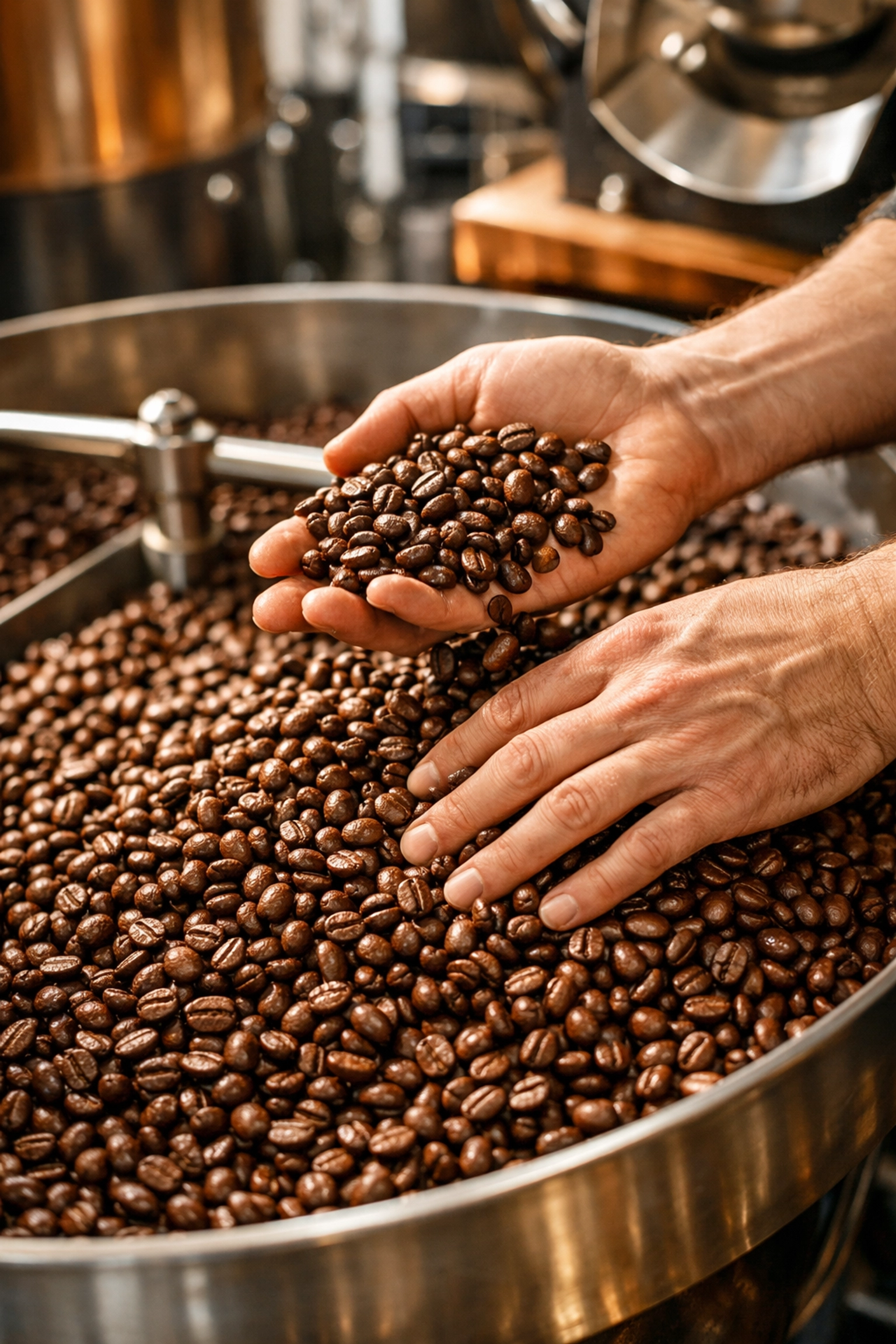 A coffee roaster inspecting freshly roasted wholesale coffee beans for quality and consistency.