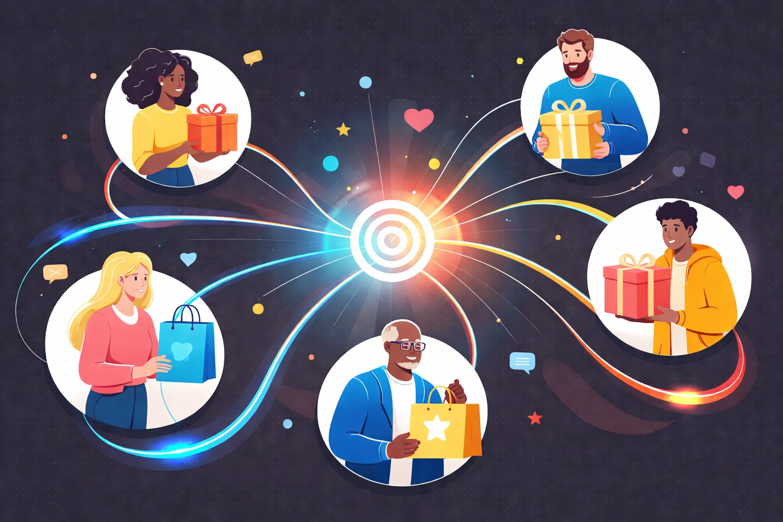 Personalized marketing illustration showing customers receiving tailored offers from Chattanooga businesses using AI.