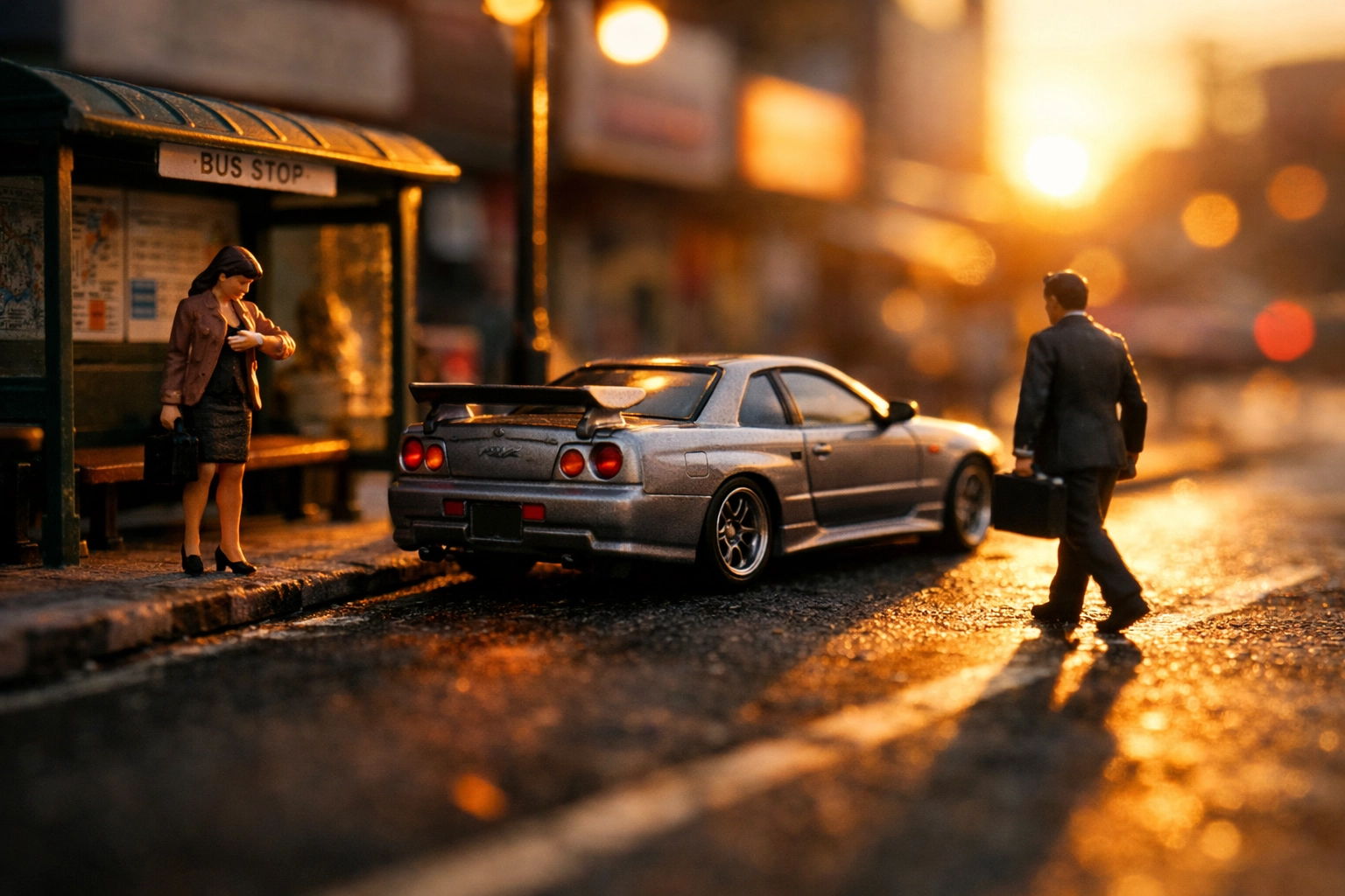 Realistic 1:64 scale urban diorama featuring diecast cars and lifelike resin people at a bus stop.