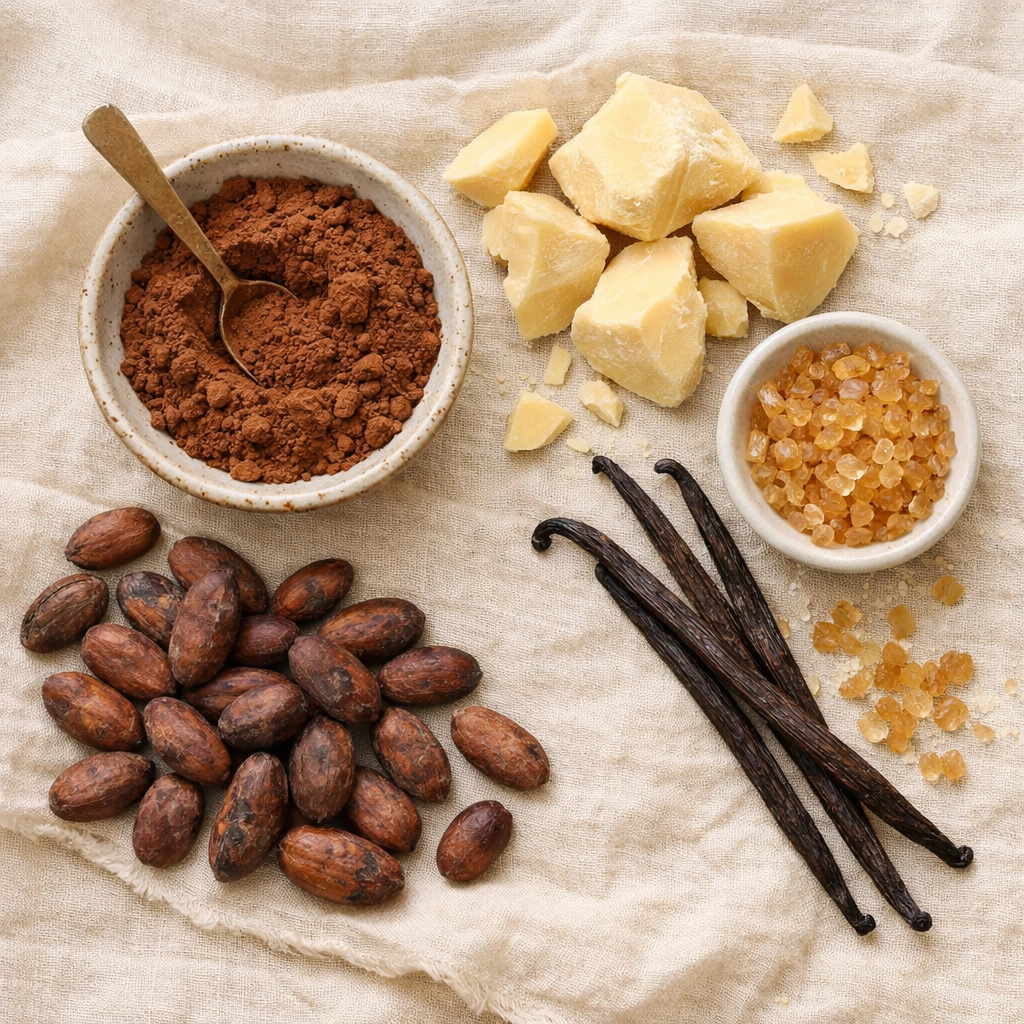 Chocolate-making ingredients including cocoa butter, cacao beans, vanilla, and sugar crystals