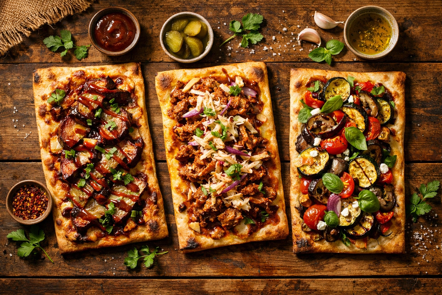 Three artisan flatbreads with BBQ brisket, pulled pork, and vegetarian toppings for catering variety