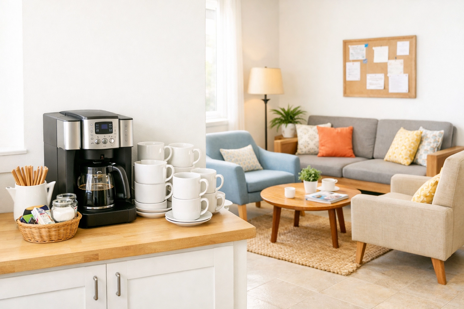 Coffee station and seating area at American Legion Post showing alcohol-free options