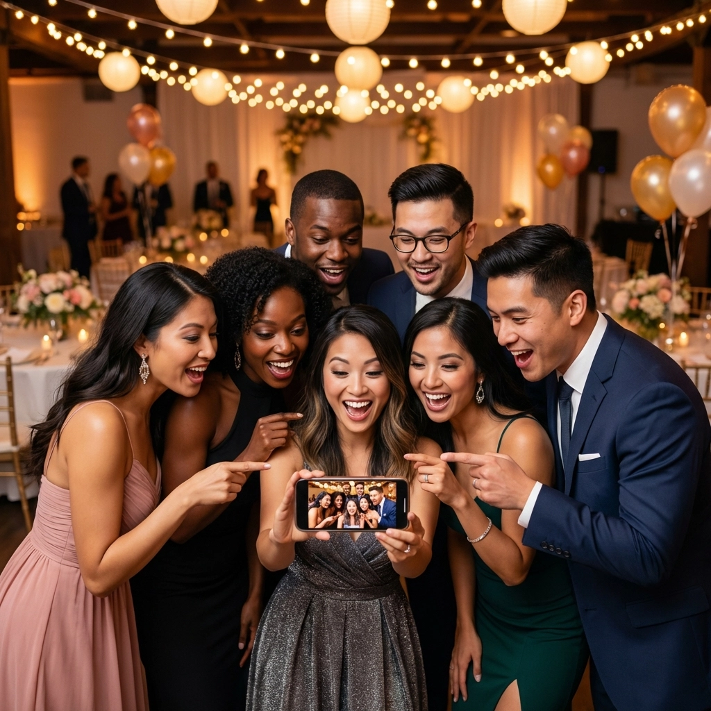Guests at a Queens event celebrate receiving instant photo delivery on their phones, enhancing engagement.