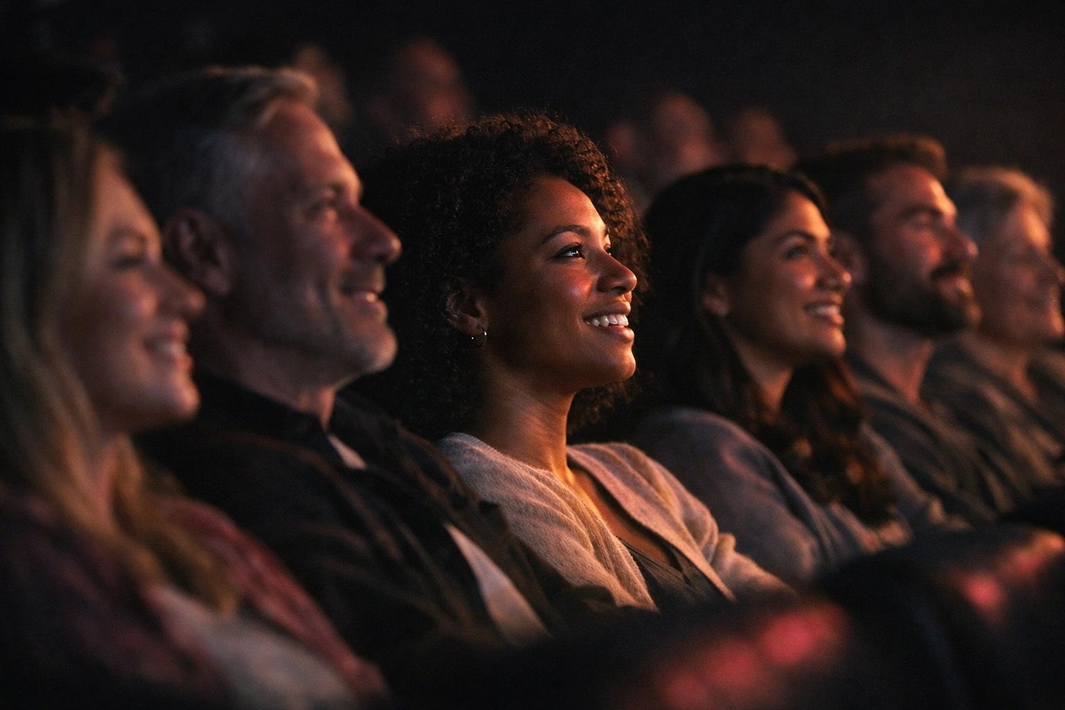 Audience members in movie theater experiencing emotional storytelling moment