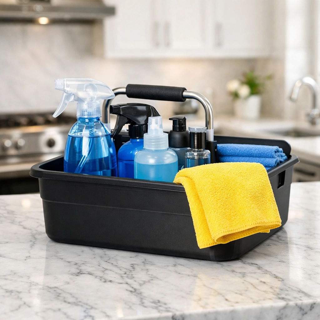 Professional maid services Lowell cleaning supplies on a spotless marble kitchen countertop.
