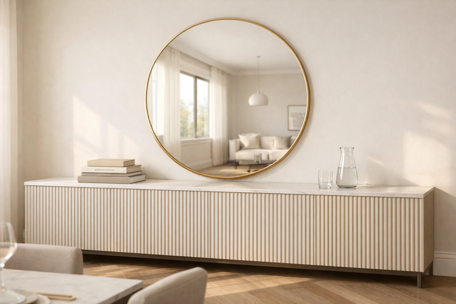 Two fluted sideboards styled as a long dining room buffet with an oversized circular mirror and modern decor.
