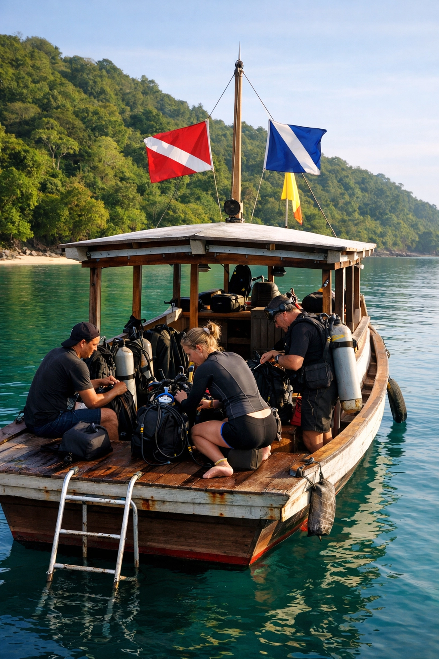 Small dive boat anchored in secluded tropical bay with divers preparing gear